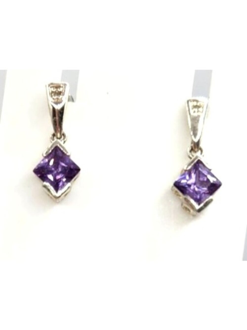 Silver Plated Square Amethyst Dangle Earrings - Stamped 925
